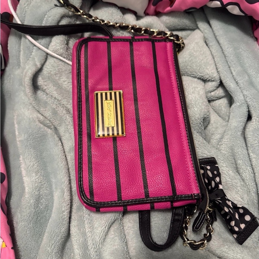 Betsey Johnson Fuchsia and Black Striped Crossbody